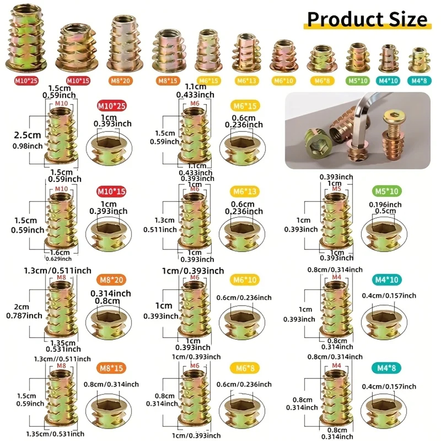 100-Pack M4/M5/M6 Threaded Ins - Furniture Hardware Threaded Inserts のレビューと価格